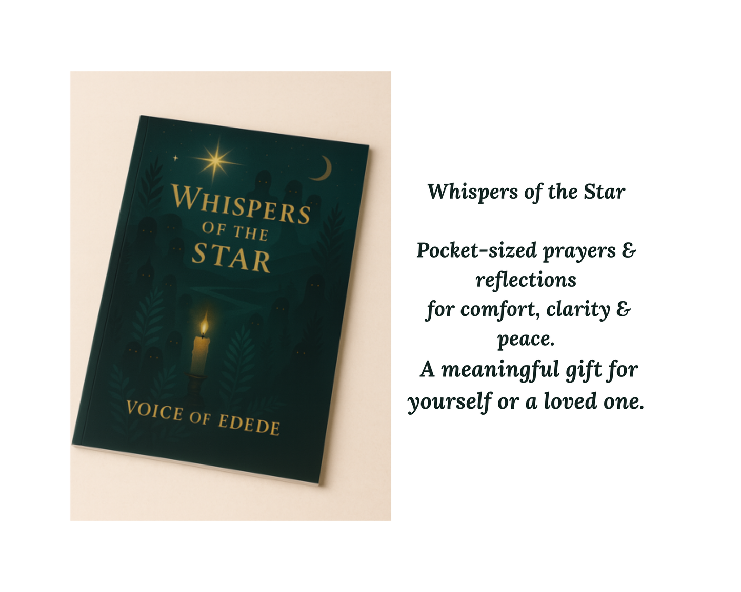 Book titled 'Whispers of the Star' with text about pocket-sized prayers and reflections on a beige background.