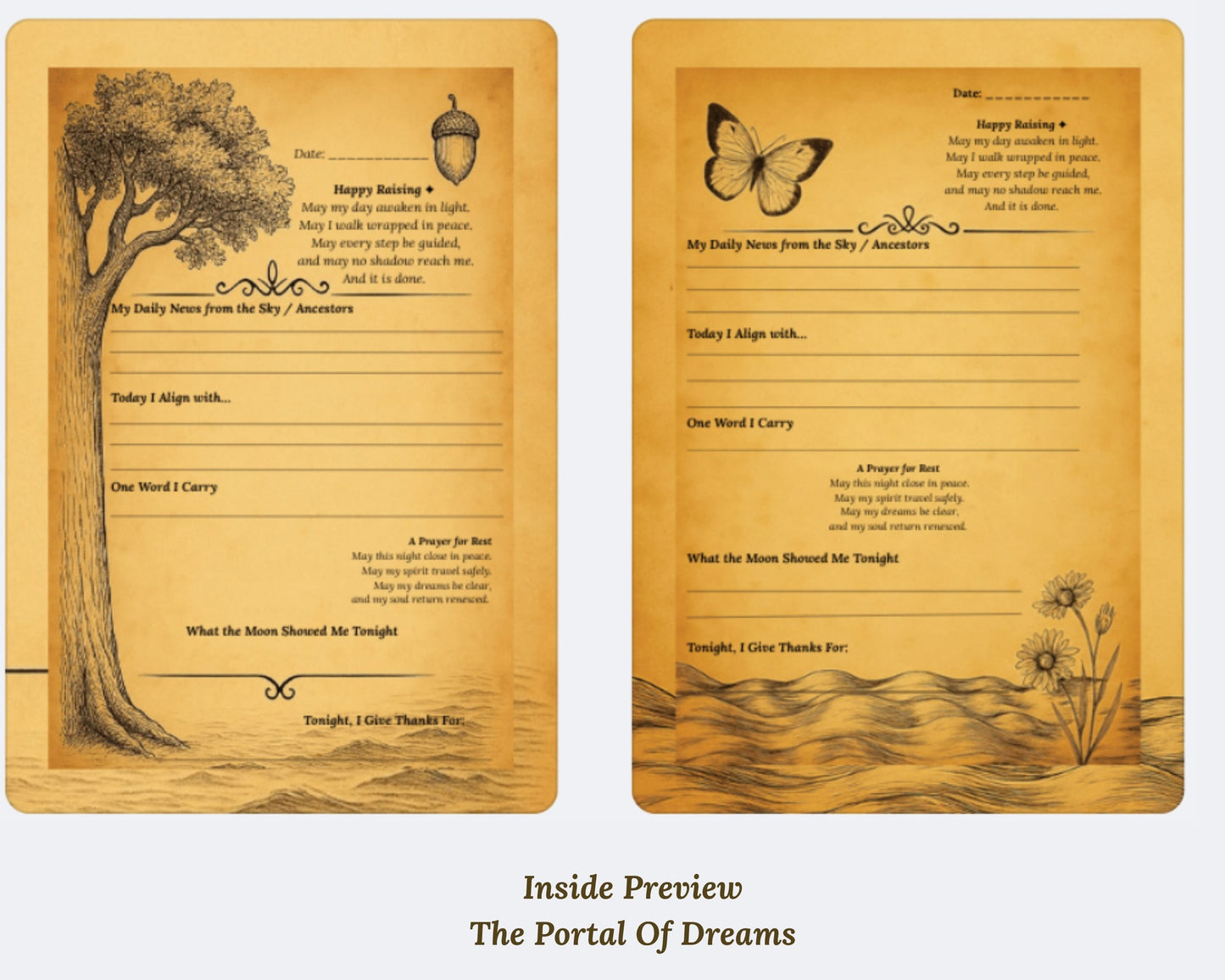 Inside preview pages of the Portal of Dreams hardback spiritual journal with prompts and symbolic artwork.
