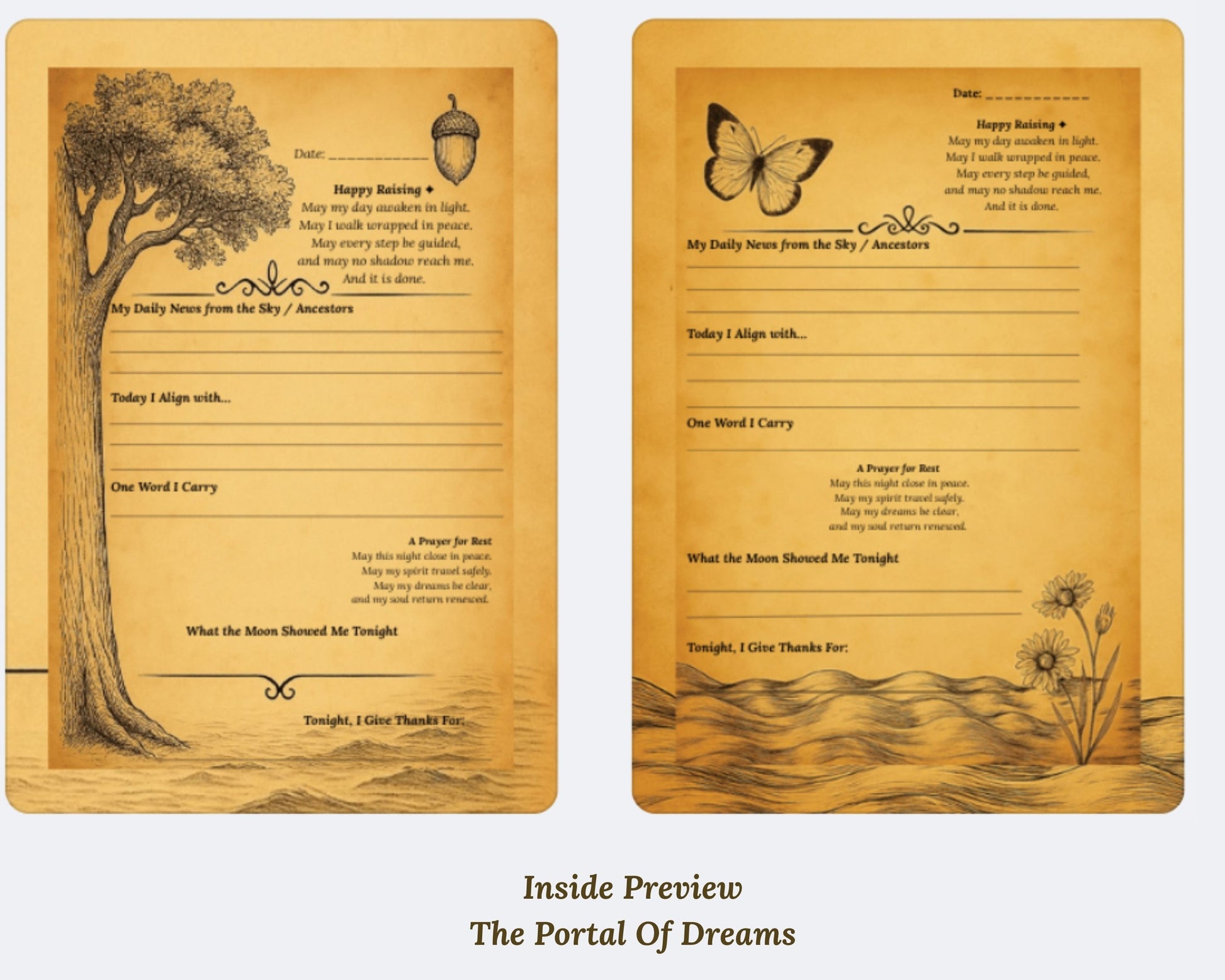 Inside preview pages of the Portal of Dreams hardback spiritual journal with prompts and symbolic artwork.
