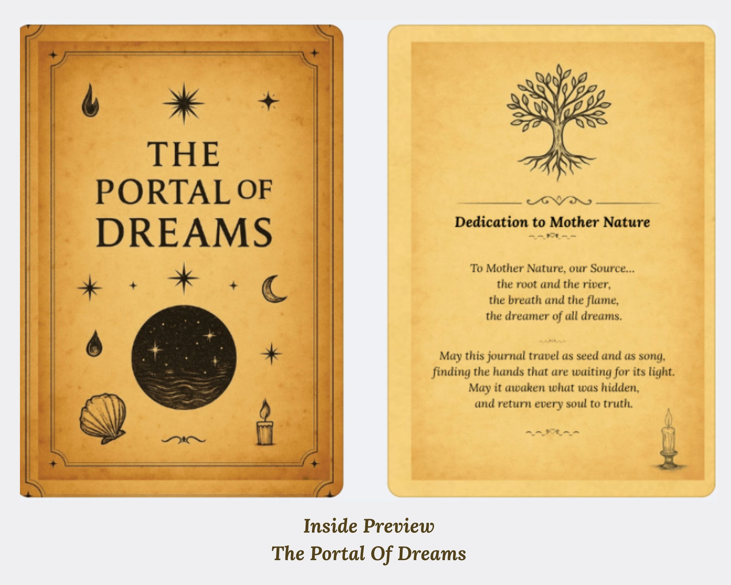 Book cover and inside page of 'The Portal of Dreams' with nature-themed illustrations and text.