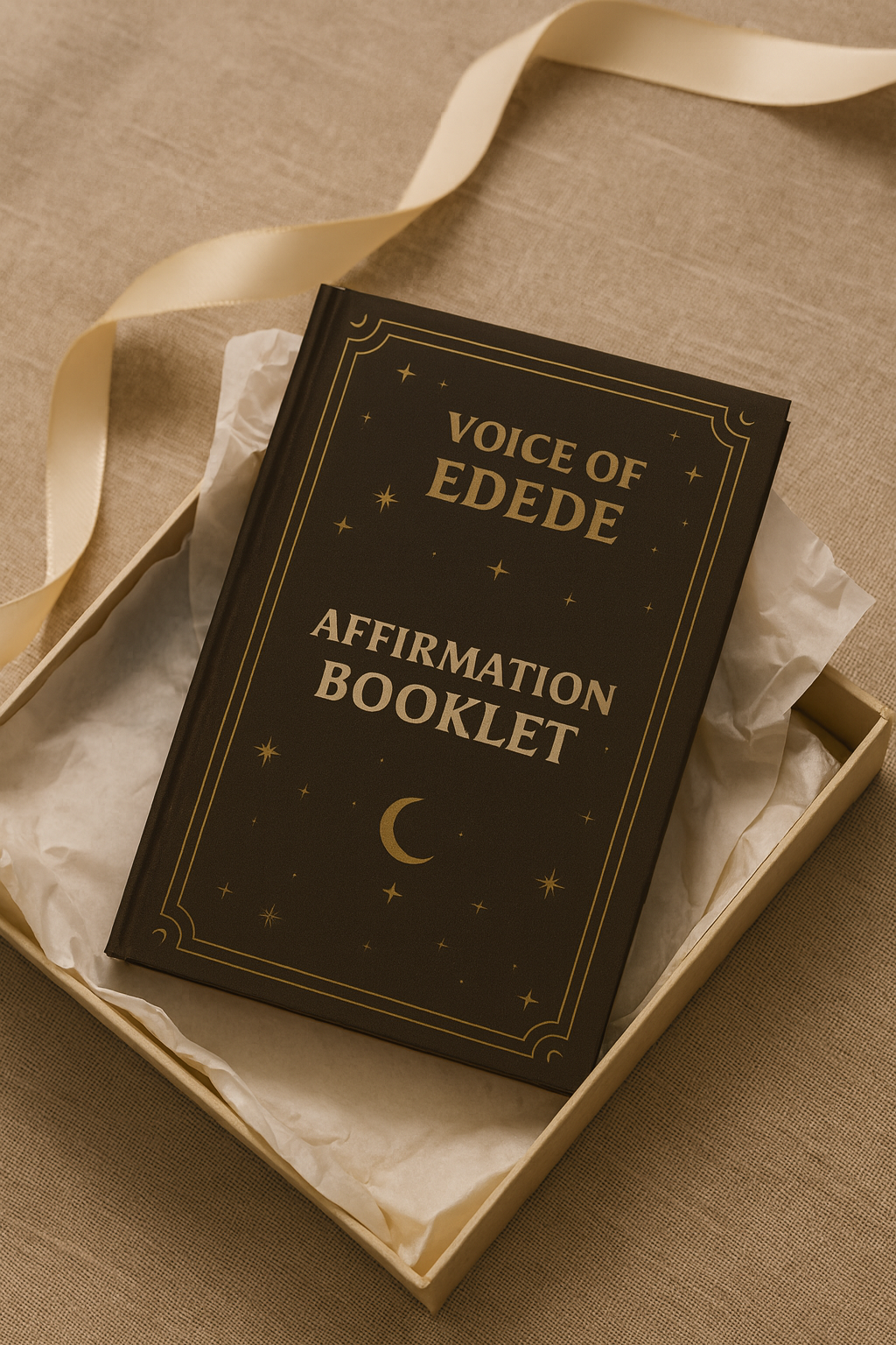Booklet titled 'Voice of Edede Affirmation Booklet' in a box with a ribbon on a beige background