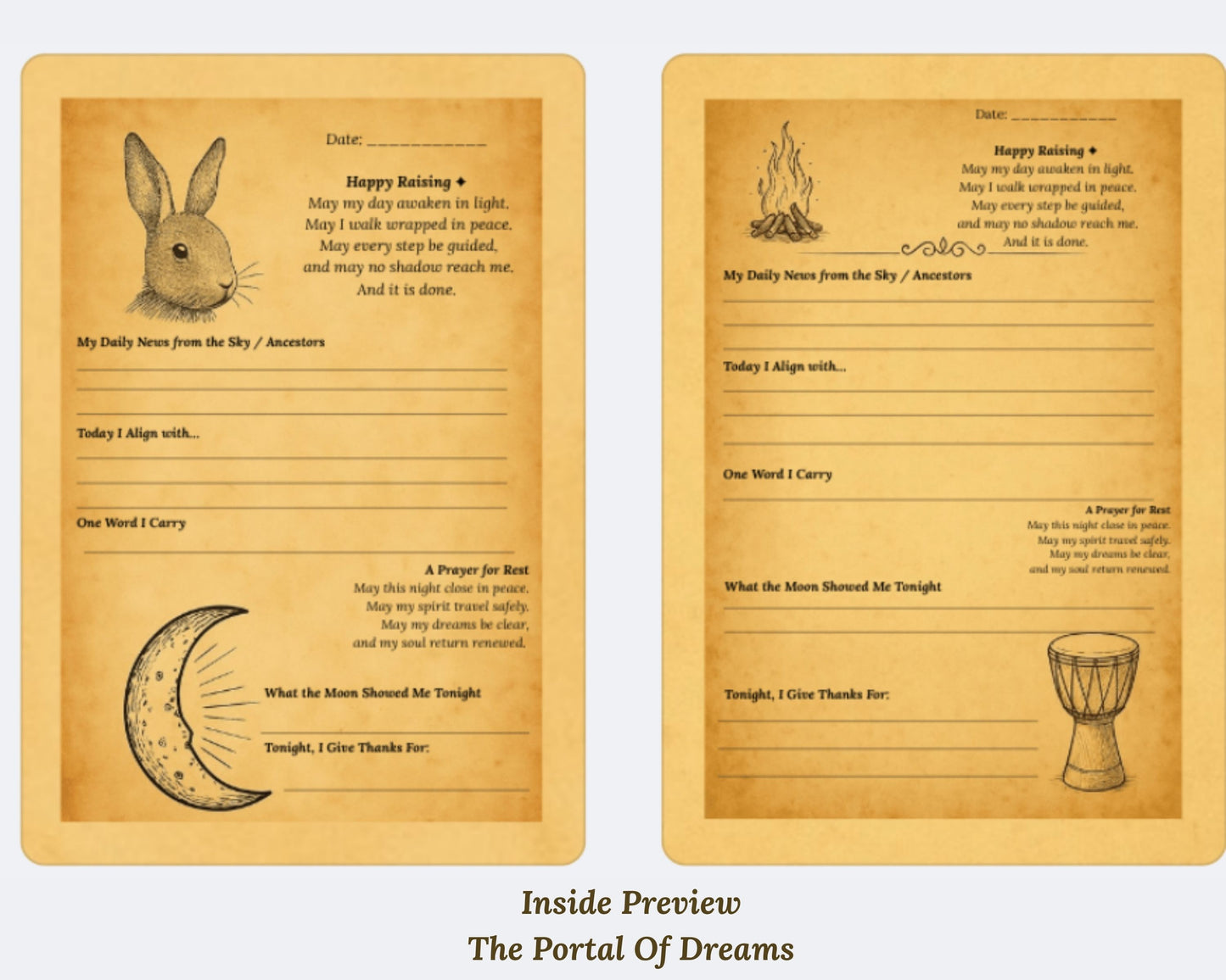 Inside preview pages of the Portal of Dreams hardback spiritual journal with prompts and symbolic artwork.
