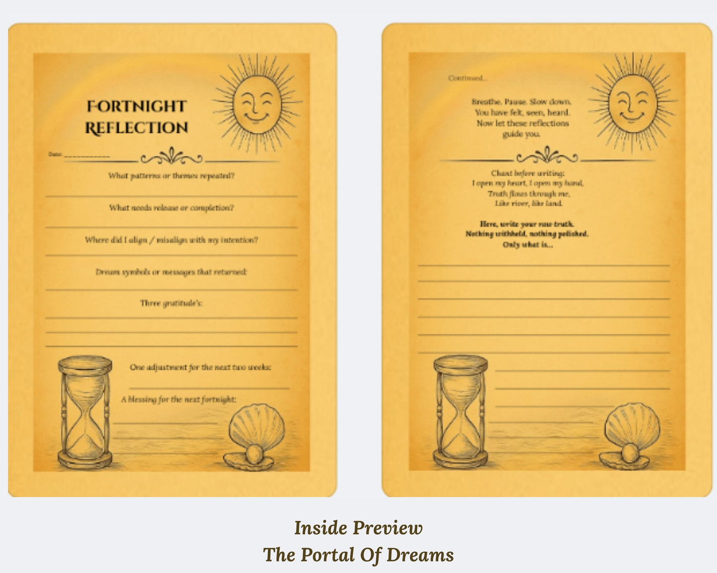 Inside preview pages of the Portal of Dreams hardback spiritual journal with prompts and symbolic artwork.