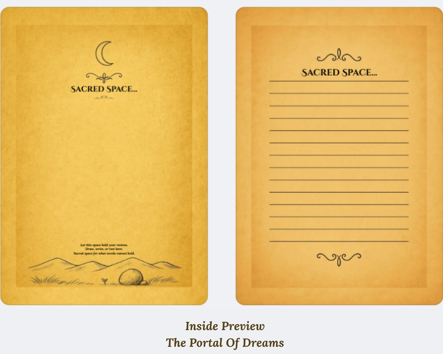 Inside preview pages of the Portal of Dreams hardback spiritual journal with prompts and symbolic artwork.