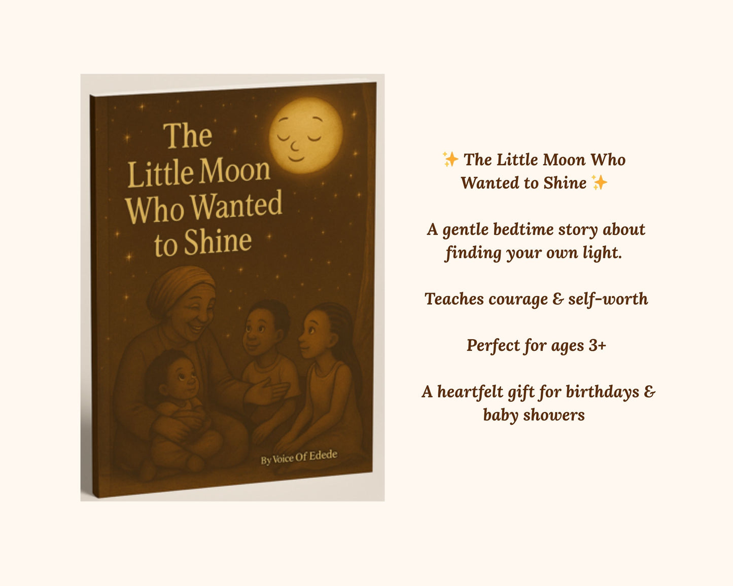 Inside preview pages from 'The Little Moon Who Wanted to Shine' children's bedtime book.
