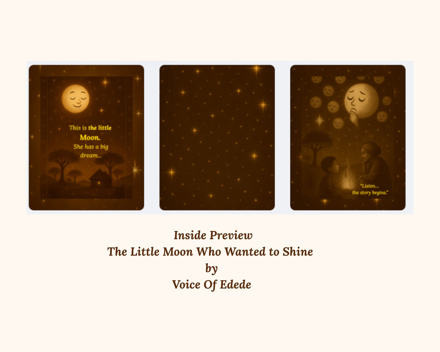 Inside preview pages from 'The Little Moon Who Wanted to Shine' children's bedtime book.
