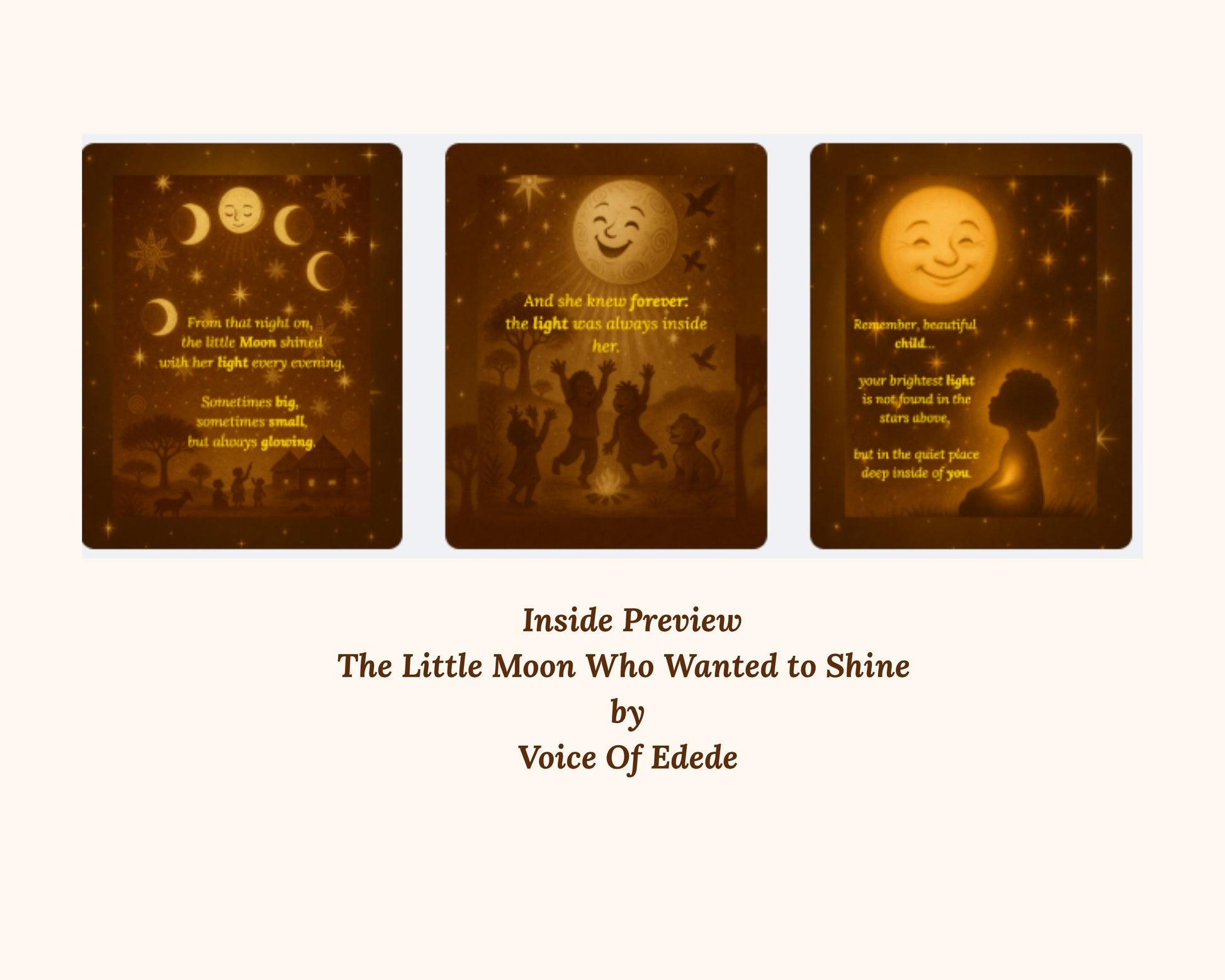 Inside preview pages from 'The Little Moon Who Wanted to Shine' children's bedtime book.

