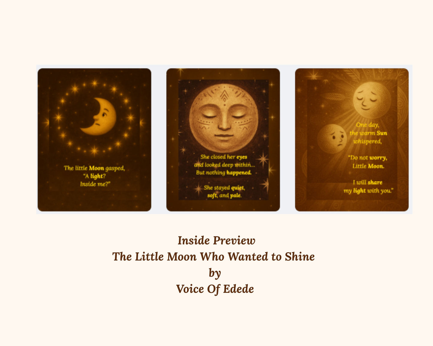 Inside preview pages from 'The Little Moon Who Wanted to Shine' children's bedtime book.
